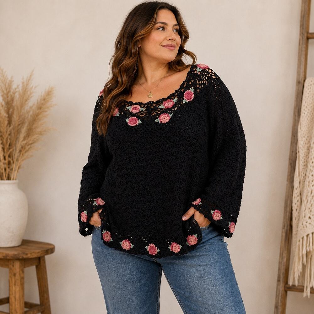 Silk Exchange Black Crochet Knit Sweater Top Floral Trim Boho Cottagecore Sz 3X
